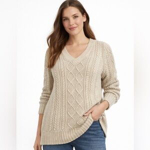 L.L.Bean Signature Womens Cotton Fisherman Mixed Cable Knit Chunky Sweater Sz M